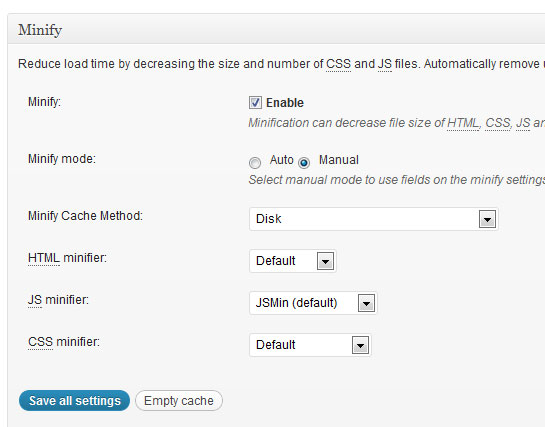 W3 Total Cache - Minify Settings