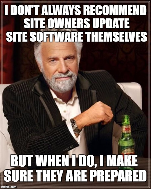 I don't always recommend site owners update site software themselves, but when I do, I make sure they are prepared
